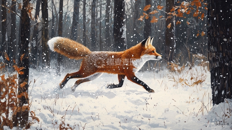 高清大图下载【趣麦麦图】雪地里的狐狸奔跑