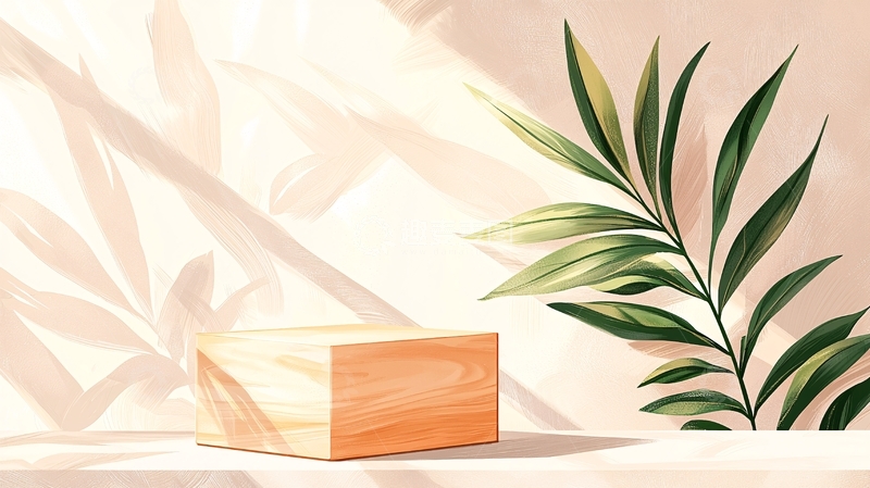 高清大图下载【趣麦麦图】简约木质立方体与绿植背景