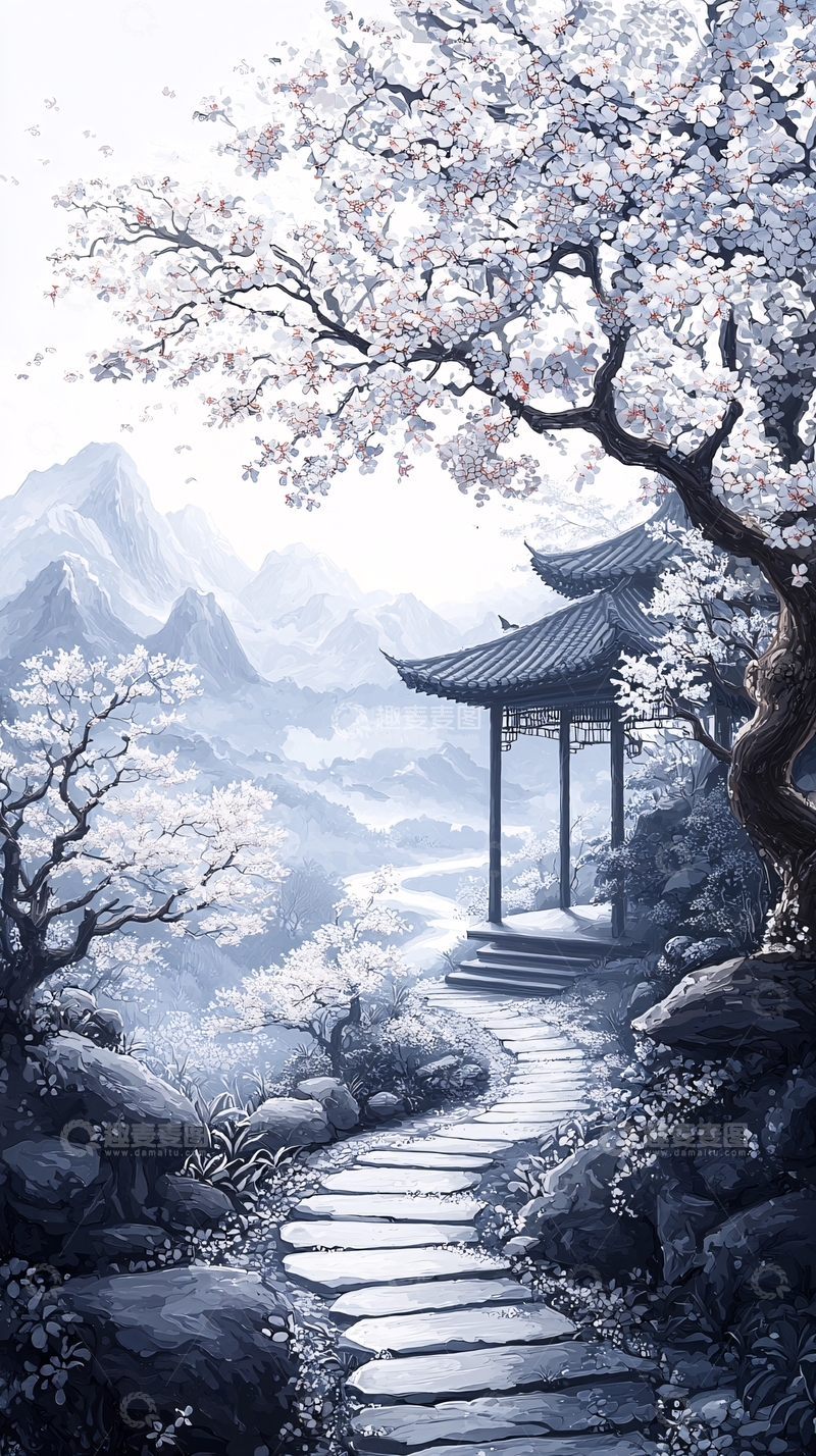 高清大图下载【趣麦麦图】樱花古亭石径山水图