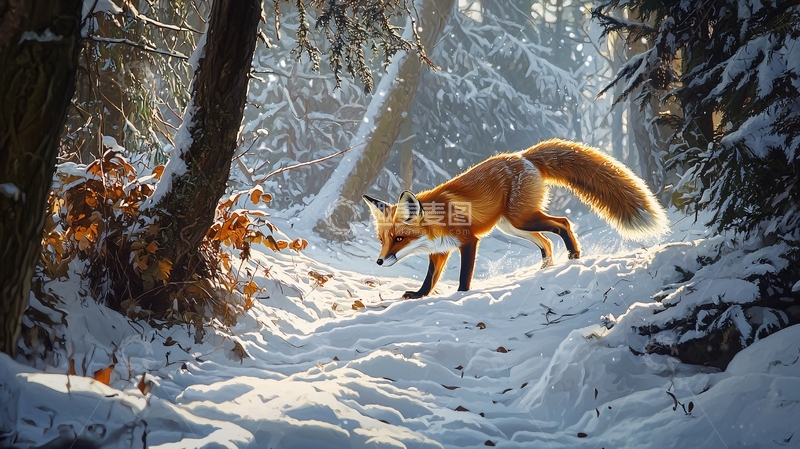 高清大图下载【趣麦麦图】冬日森林中的狐狸