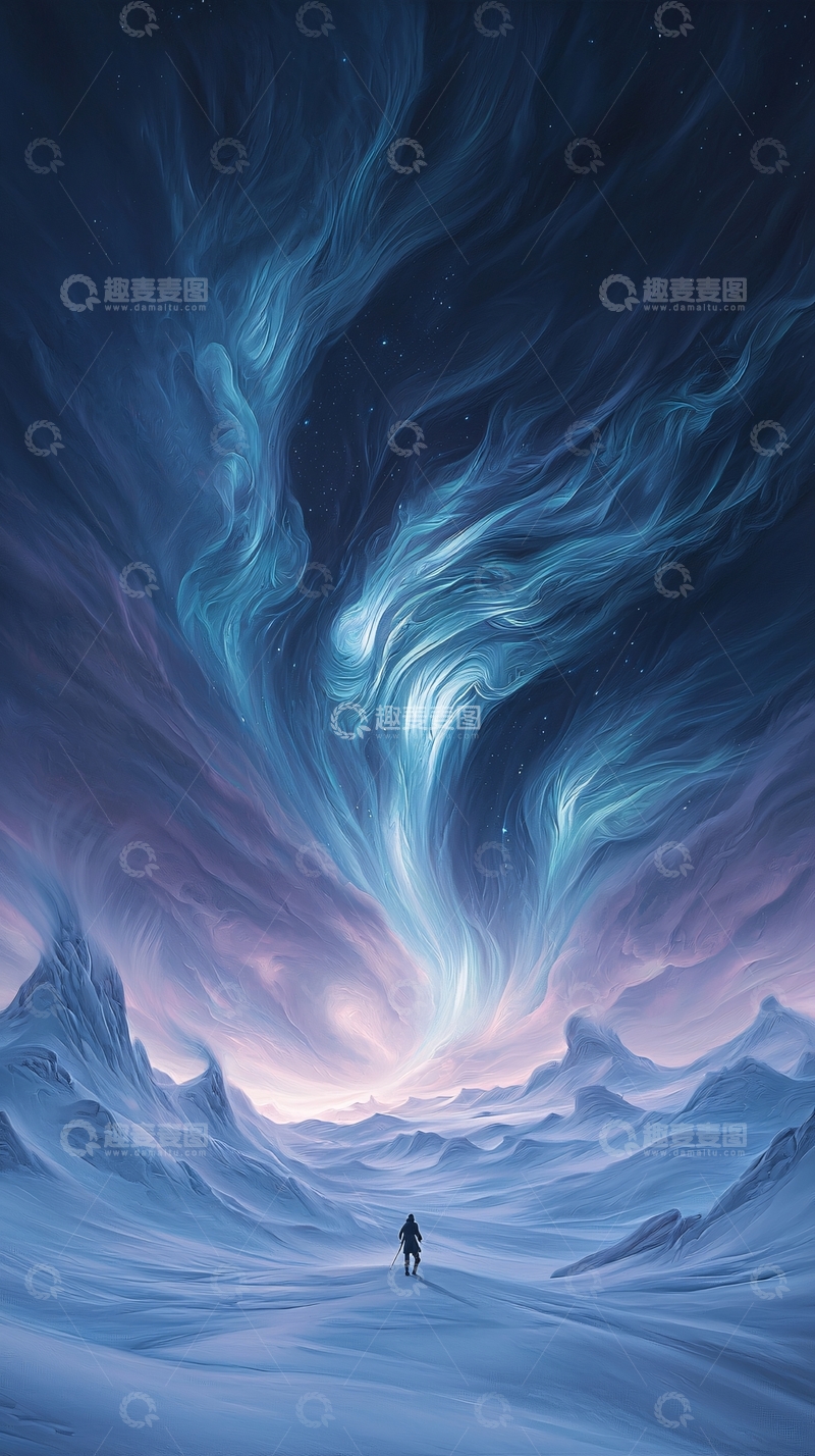 高清大图下载【趣麦麦图】极地夜空下的孤独旅者
