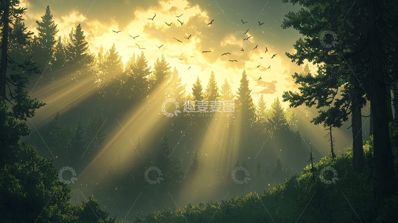 高清大图下载【趣麦麦图】森林中的阳光穿透