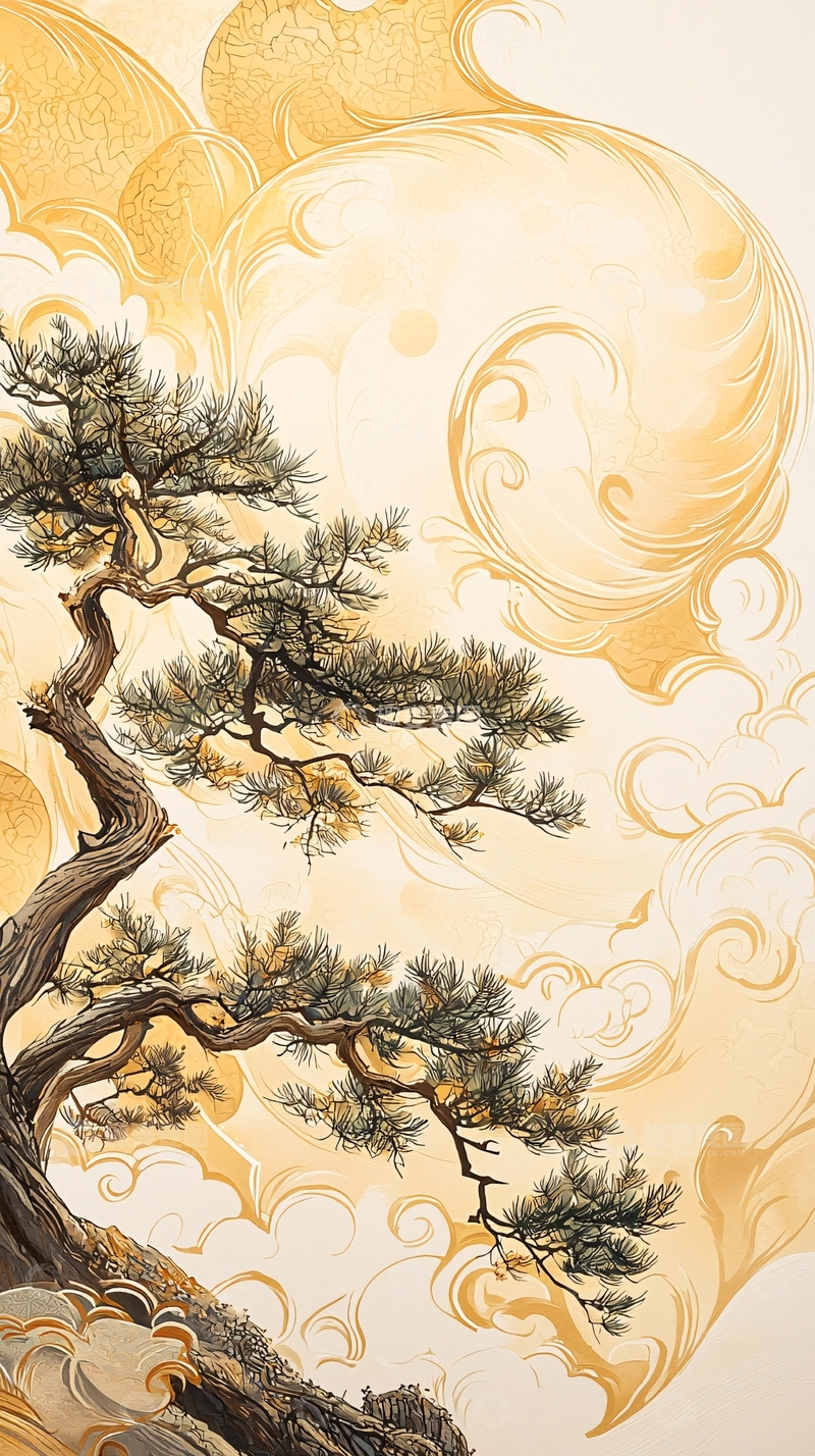 高清大图下载【趣麦麦图】松树与云雾的艺术插画