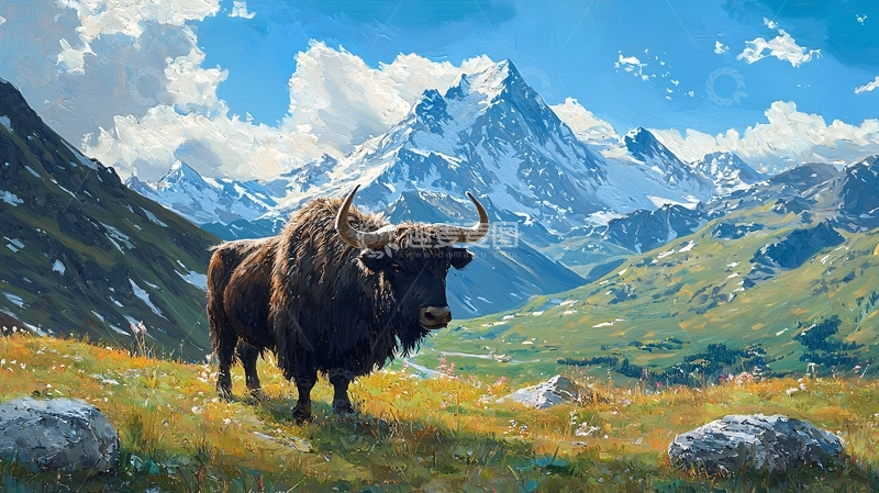 高清大图下载【趣麦麦图】牦牛与雪山风景