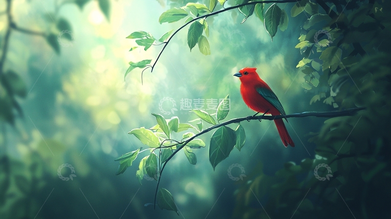 高清大图下载【趣麦麦图】红鸟栖息在绿叶间