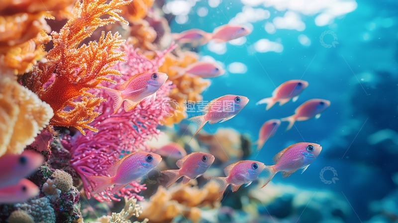 高清大图下载【趣麦麦图】珊瑚礁中的彩色鱼群