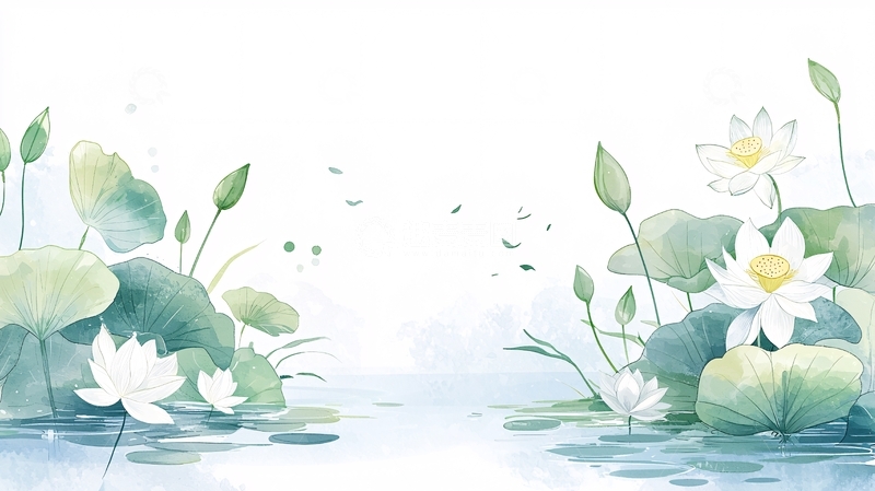 高清大图下载【趣麦麦图】荷塘月色水彩画背景