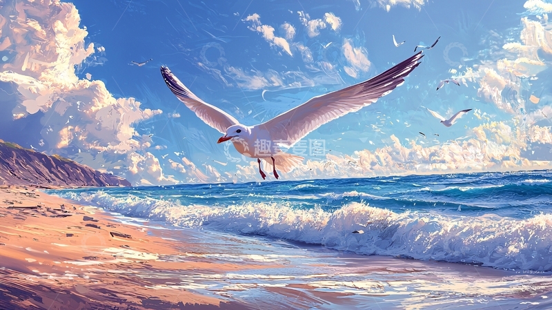 高清大图下载【趣麦麦图】海鸥飞翔沙滩日落