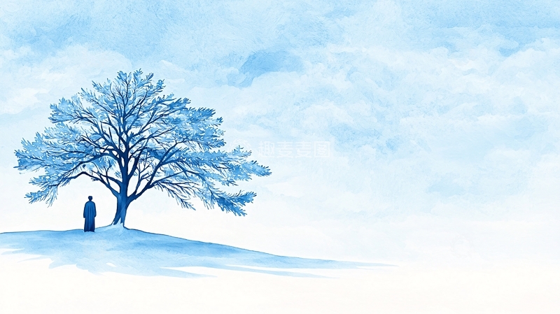 高清大图下载【趣麦麦图】冬日雪地树下独行人