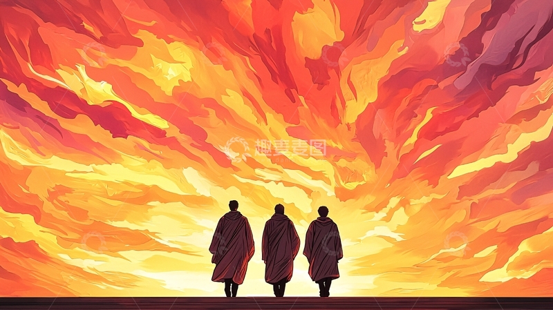 高清大图下载【趣麦麦图】三位僧侣面对壮丽日出