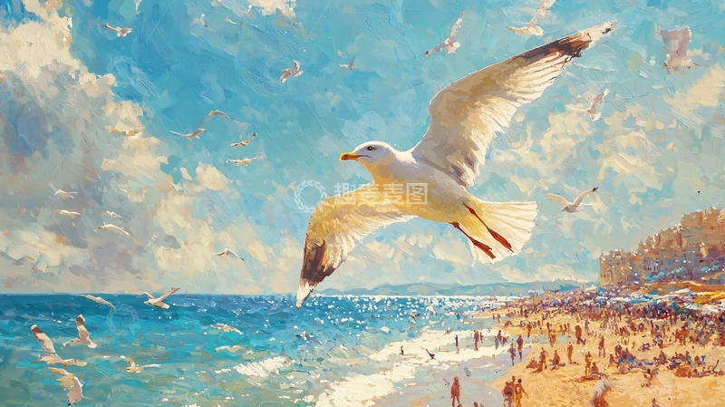 高清大图下载【趣麦麦图】海滩上的海鸥与人群