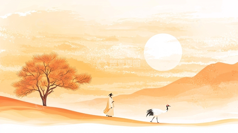 高清大图下载【趣麦麦图】秋日黄昏下的孤独旅人