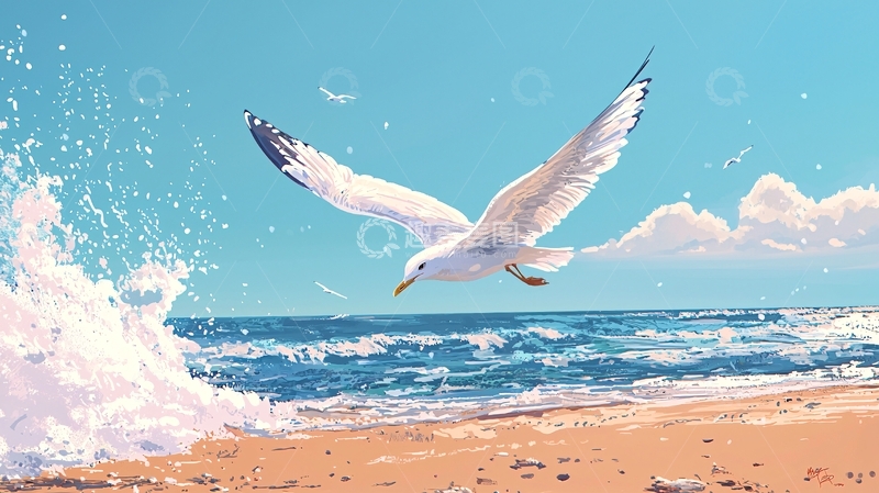 高清大图下载【趣麦麦图】海鸥飞翔沙滩浪花