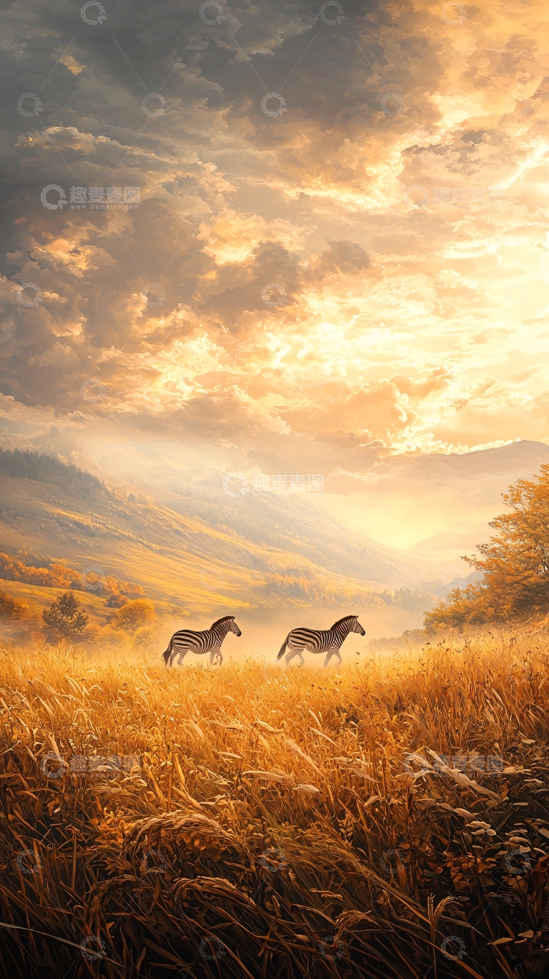 高清大图下载【趣麦麦图】草原上的斑马与夕阳