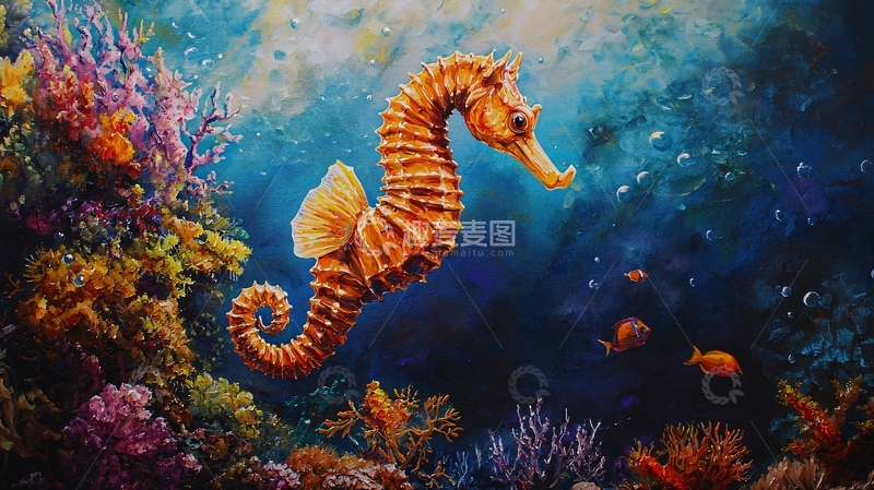 高清大图下载【趣麦麦图】海马与珊瑚礁下的小鱼