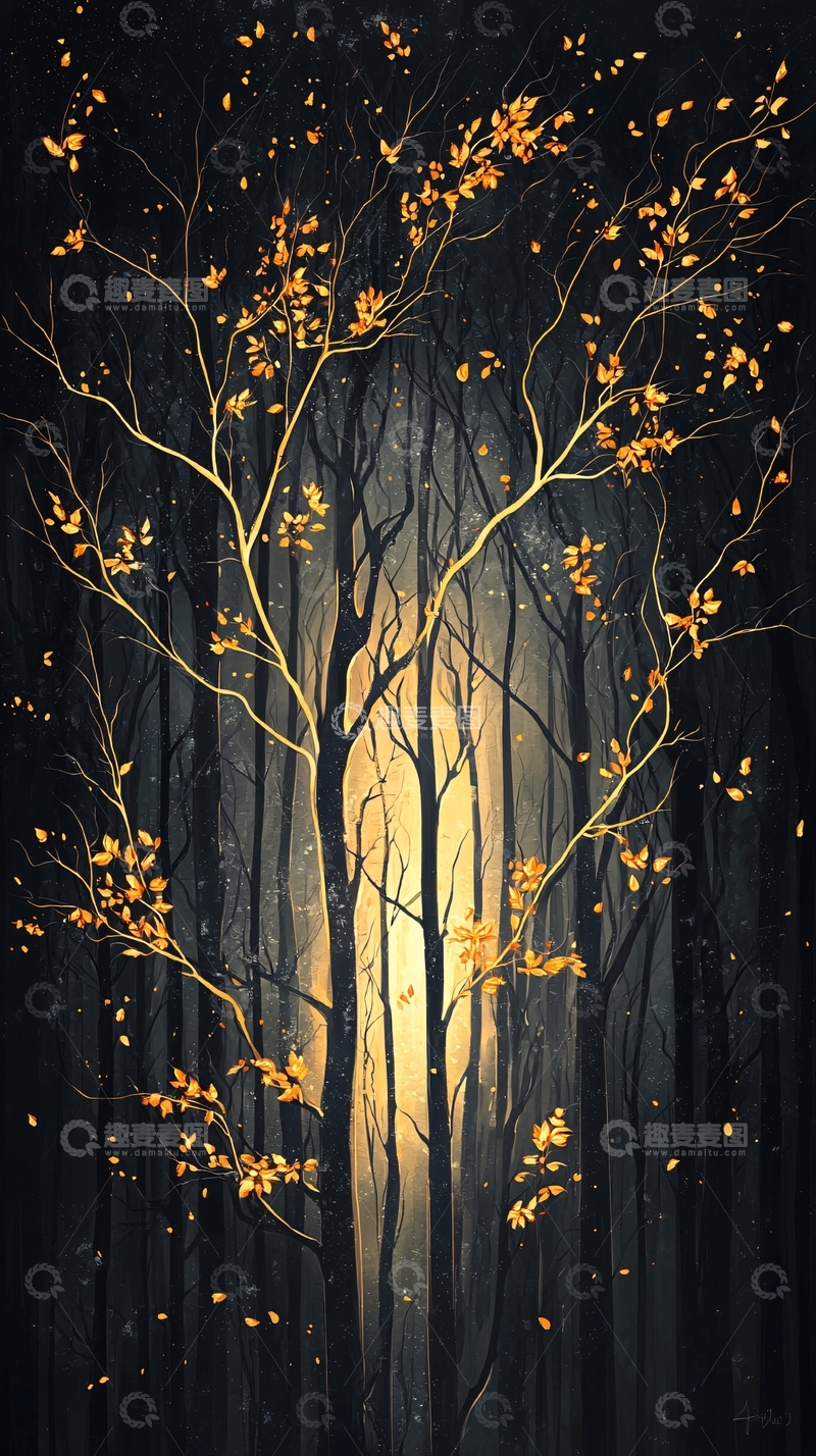 高清大图下载【趣麦麦图】秋夜森林中的金色树叶