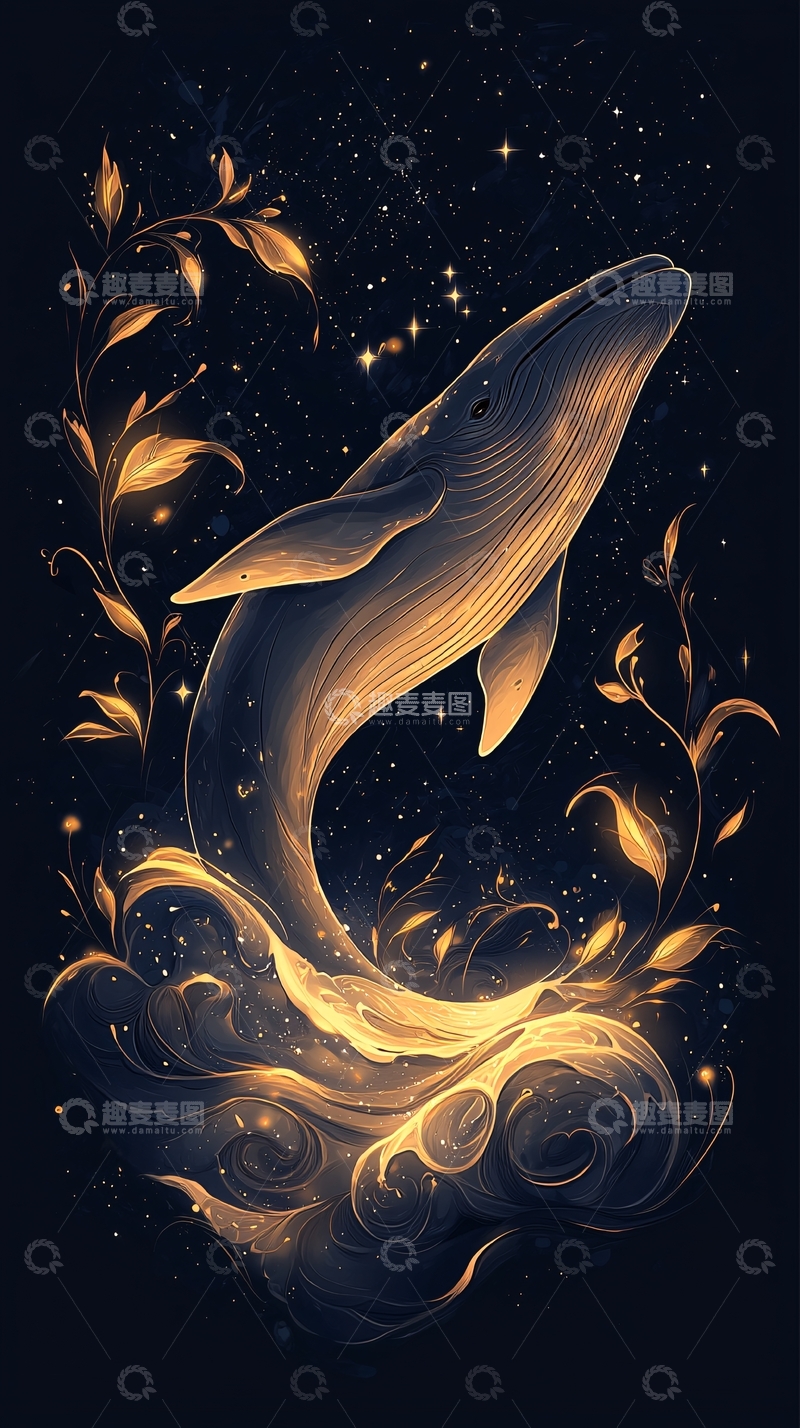 高清大图下载【趣麦麦图】梦幻鲸鱼与星空插画