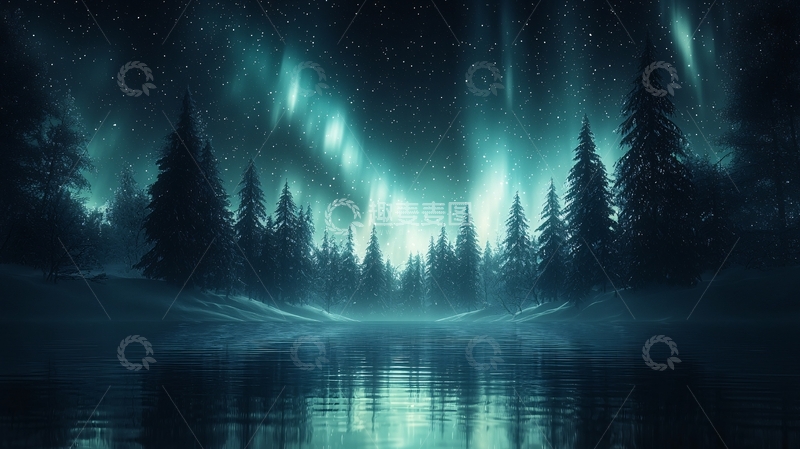 高清大图下载【趣麦麦图】极光下的静谧湖畔