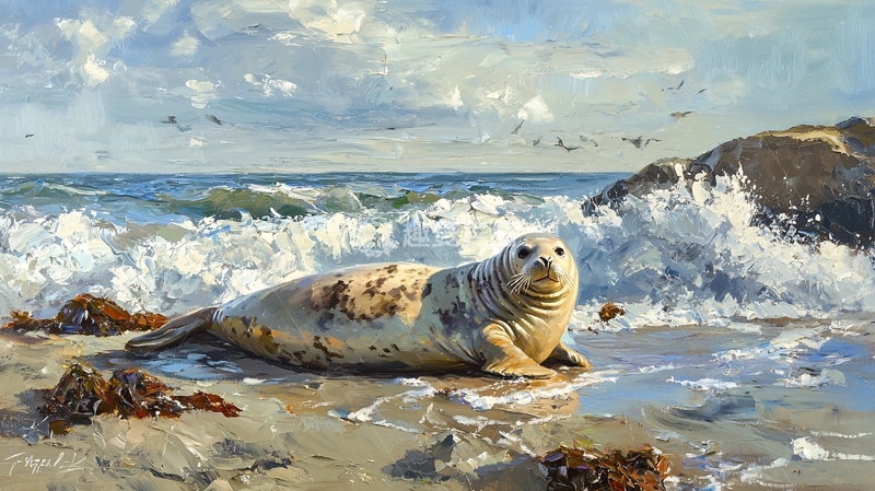 高清大图下载【趣麦麦图】海豹海滩油画风景