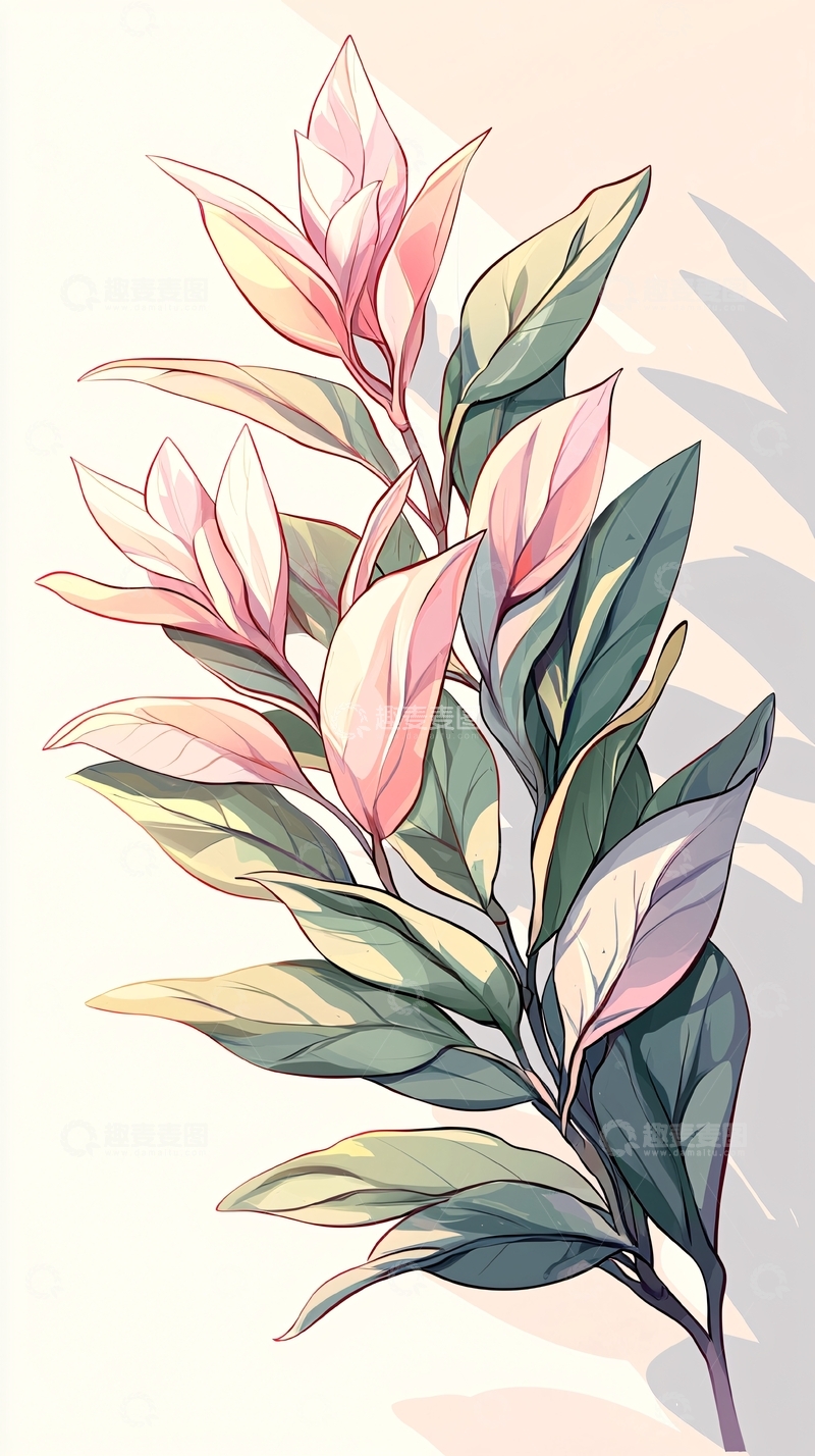 高清大图下载【趣麦麦图】粉绿渐变植物插画素材