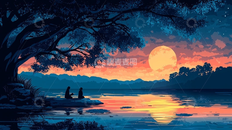 高清大图下载【趣麦麦图】湖边赏月夜景