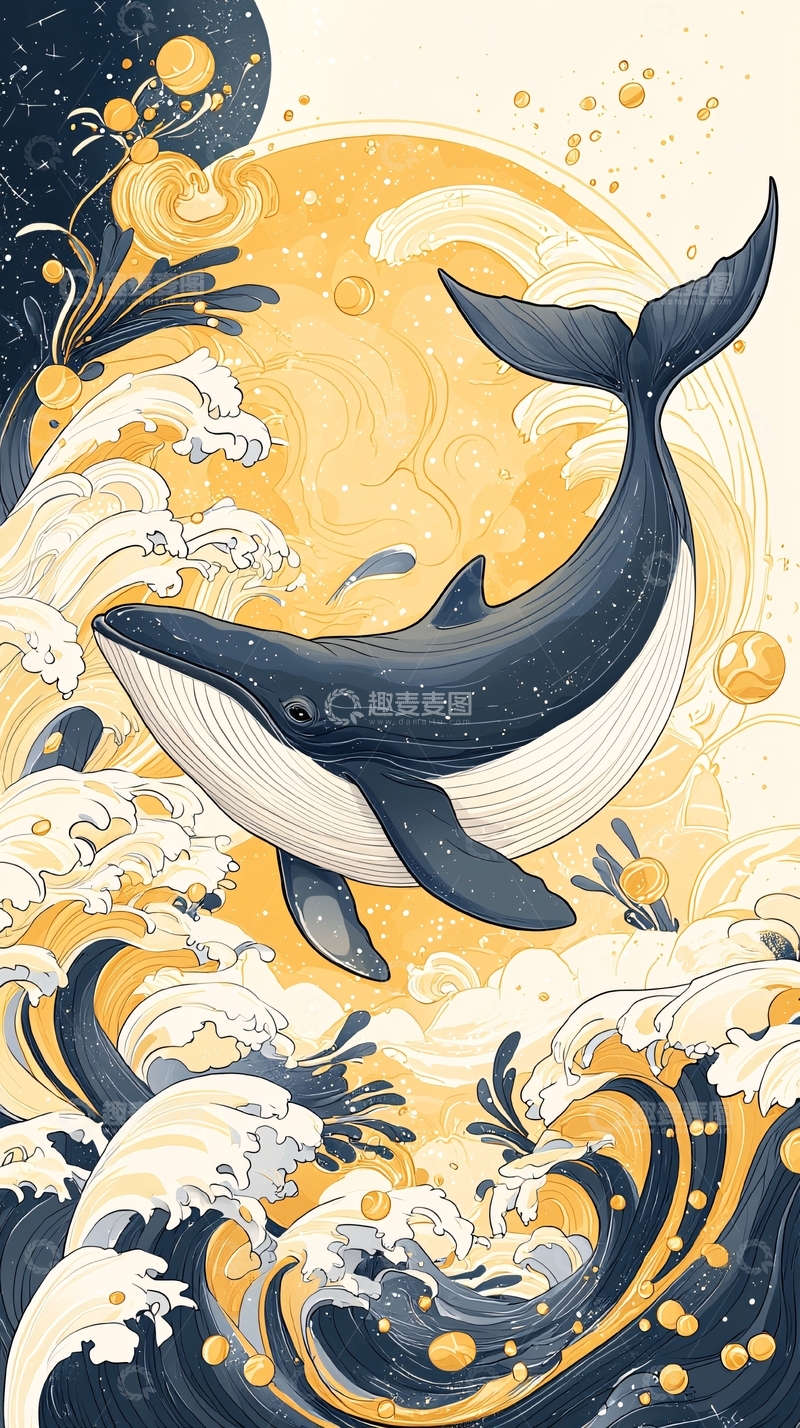 高清大图下载【趣麦麦图】鲸鱼与波浪的艺术插画