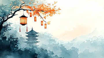 秋日灯笼古塔风景