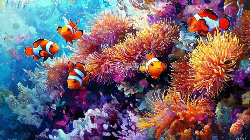 高清大图下载【趣麦麦图】海底珊瑚礁中的小丑鱼群