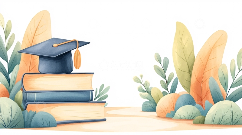 高清大图下载【趣麦麦图】毕业帽与书籍插画背景