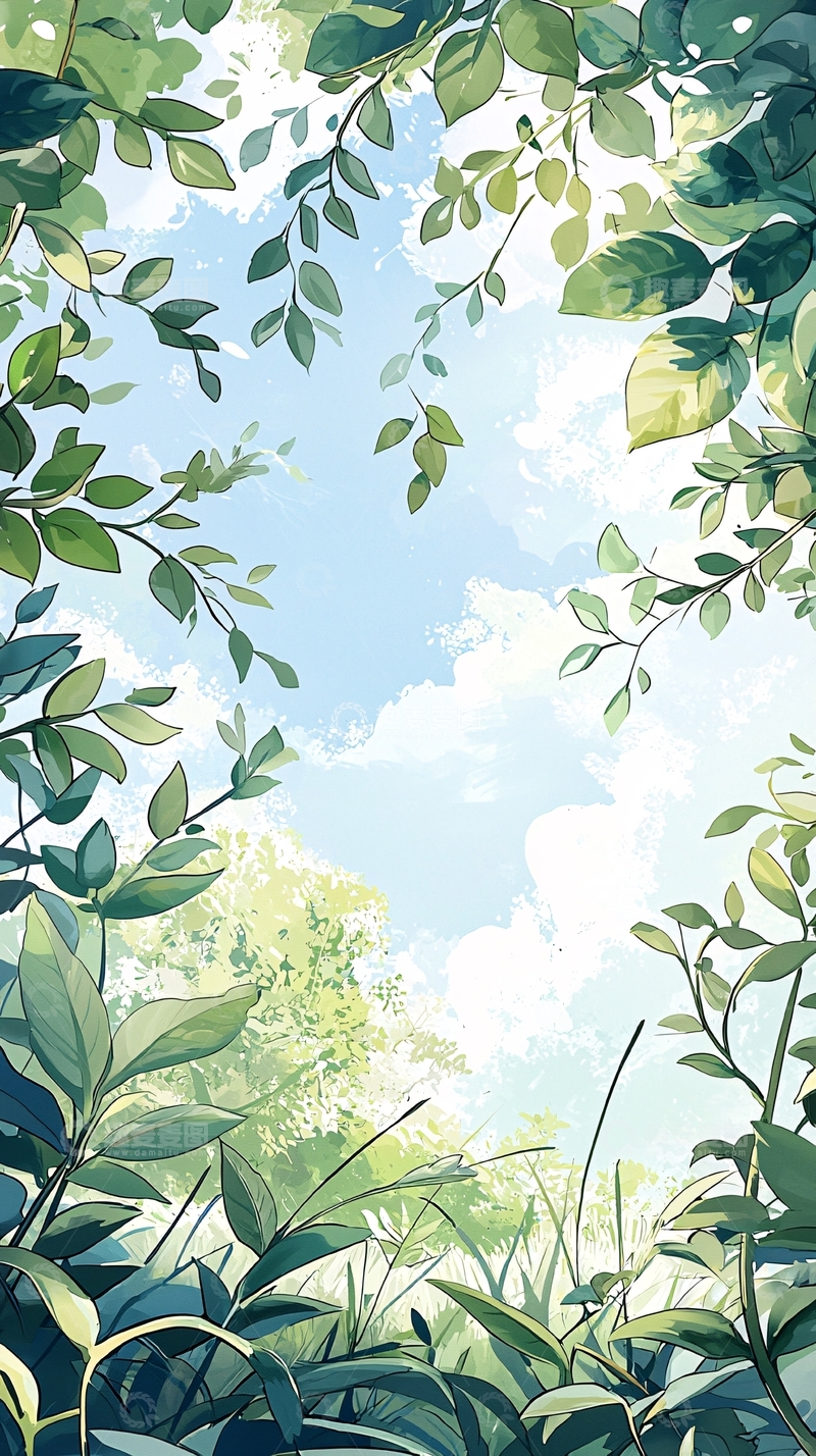 高清大图下载【趣麦麦图】夏日森林蓝天绿叶背景图