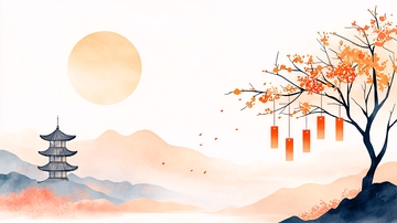 秋日古塔与红叶挂灯