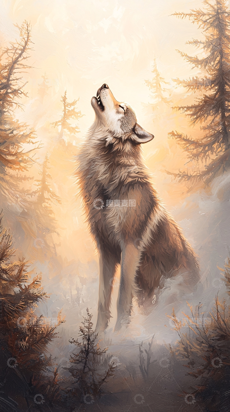 高清大图下载【趣麦麦图】晨雾中的狼嚎
