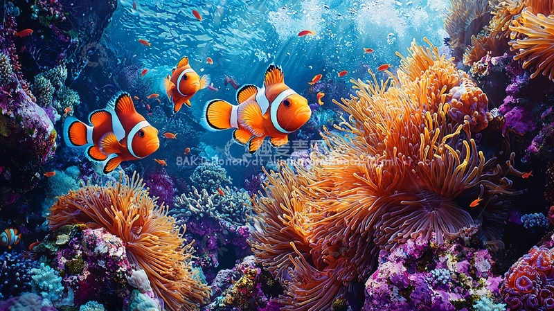 高清大图下载【趣麦麦图】海底珊瑚礁中的小丑鱼