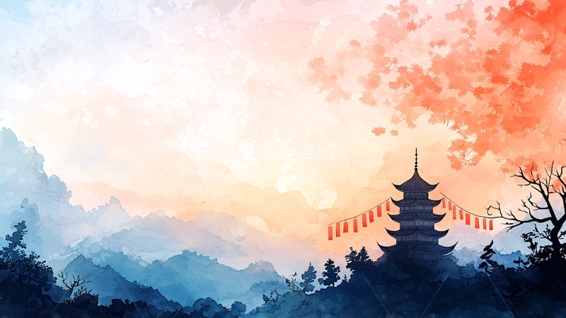 高清大图下载【趣麦麦图】秋日古塔与红灯笼