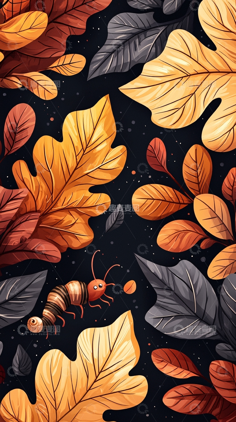 高清大图下载【趣麦麦图】秋叶与毛毛虫插画背景