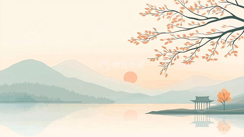 高清大图下载【趣麦麦图】秋日湖畔古亭图