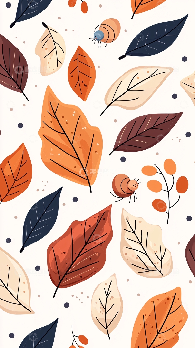 高清大图下载【趣麦麦图】秋叶与毛毛虫插画背景