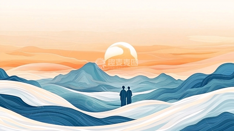 高清大图下载【趣麦麦图】日落雪山下的二人同行