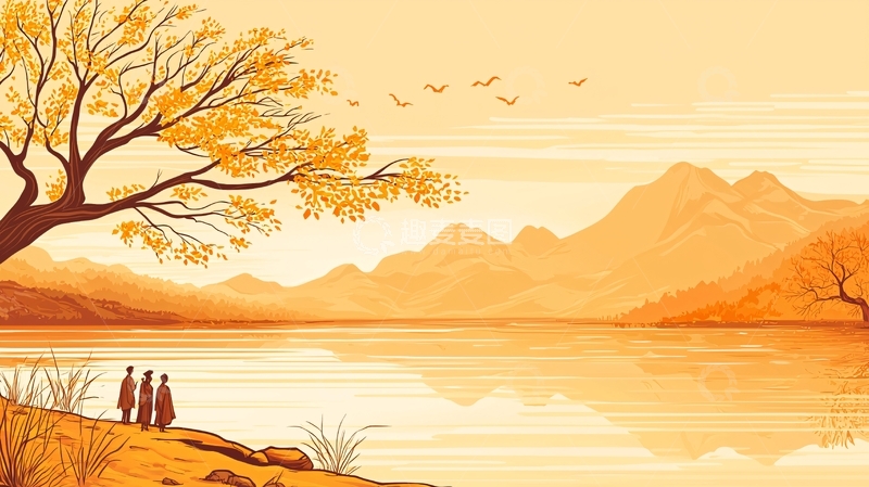 高清大图下载【趣麦麦图】秋日湖畔散步图