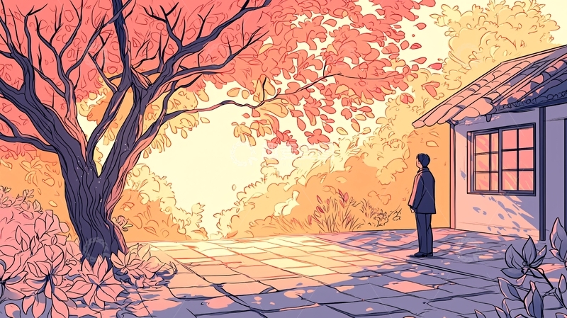 高清大图下载【趣麦麦图】秋日庭院下的树影与人