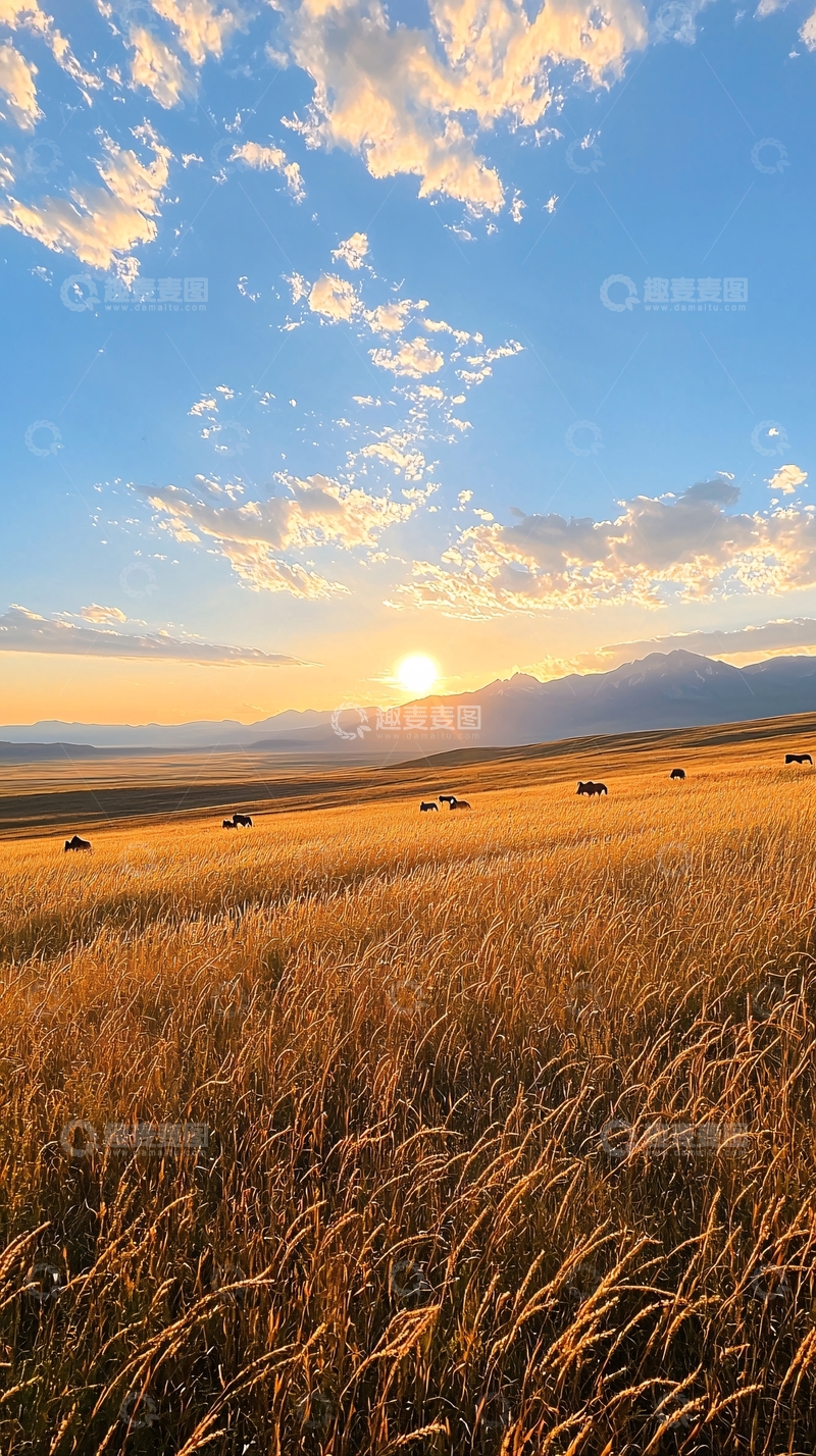 高清大图下载【趣麦麦图】夕阳下的草原牧场
