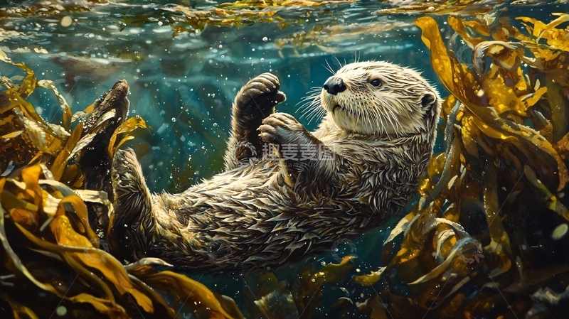高清大图下载【趣麦麦图】海獭在海藻中游泳