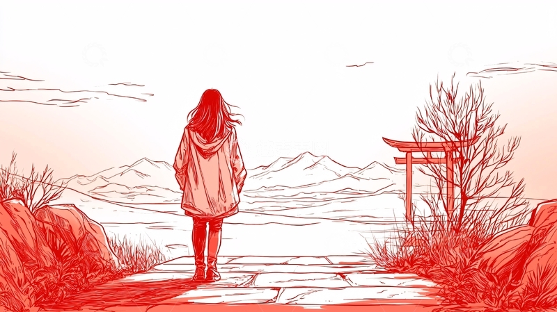 高清大图下载【趣麦麦图】红衣女子眺望远方山景