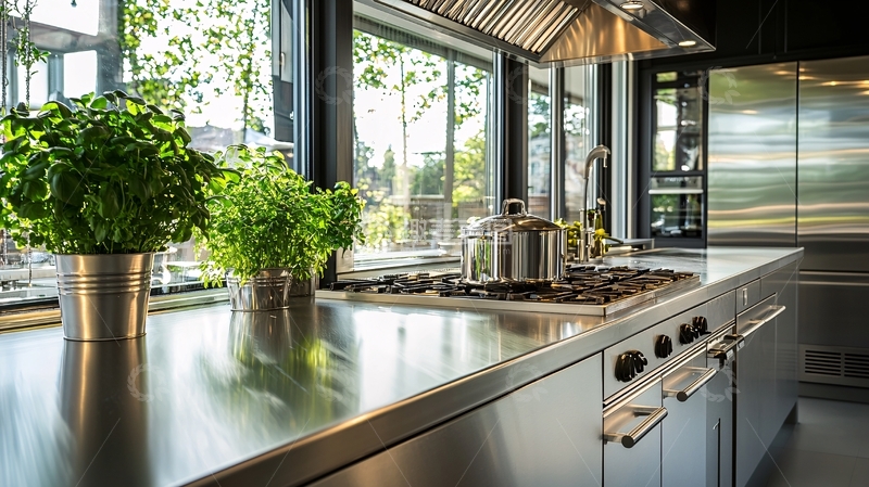 高清大图下载【趣麦麦图】现代厨房不锈钢台面与植物装饰
