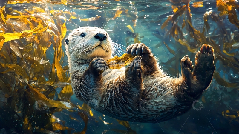高清大图下载【趣麦麦图】海獭在海藻中游泳