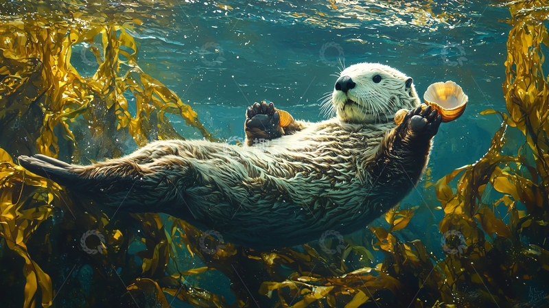 高清大图下载【趣麦麦图】海獭在海藻中游泳