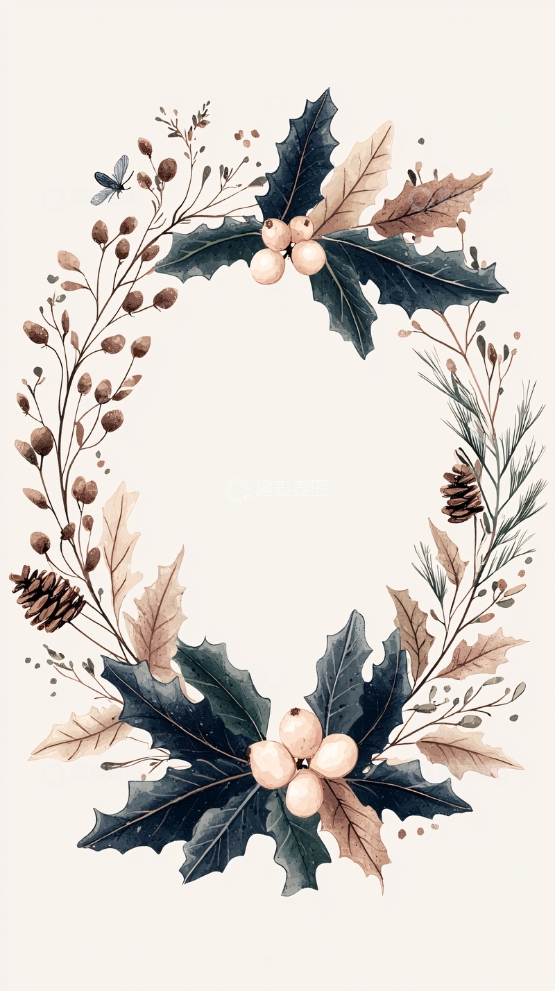高清大图下载【趣麦麦图】冬日花环插画素材
