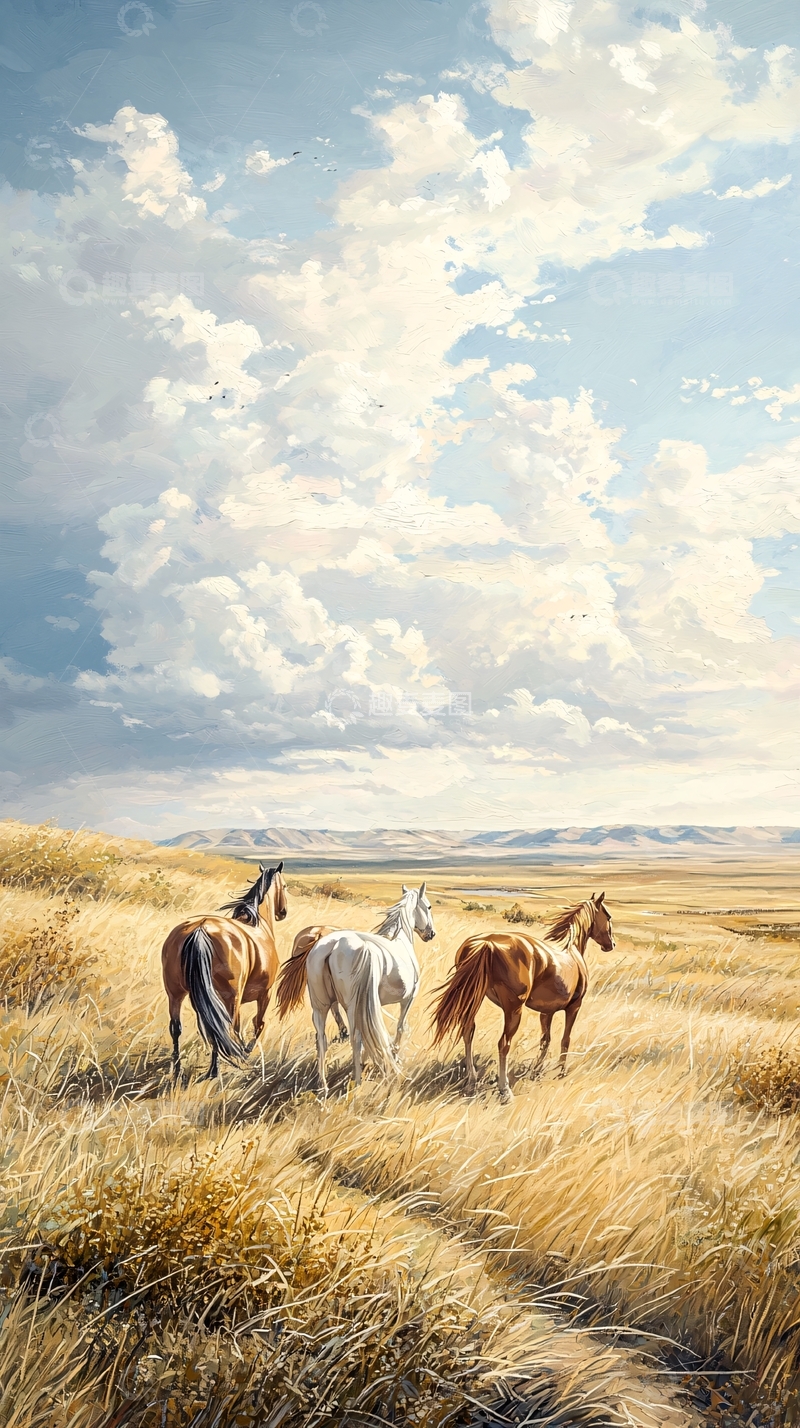 高清大图下载【趣麦麦图】草原上的三匹马