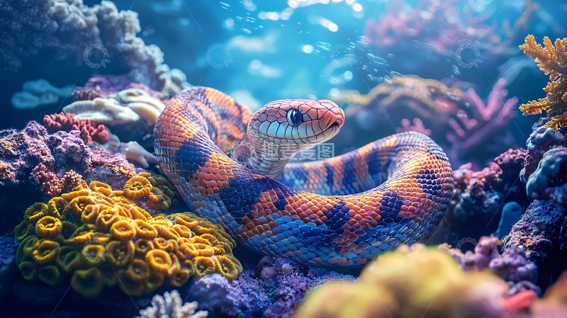 高清大图下载【趣麦麦图】水下珊瑚礁中的彩色蛇