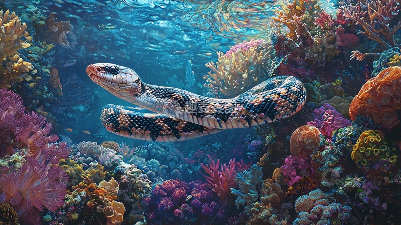 高清大图下载【趣麦麦图】水下珊瑚礁中的蛇